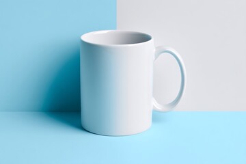 Obraz premium A White Coffee Mug Placed On A Two Toned Blue Background, Product Mockup, Customizable Design, Branding Opportunity