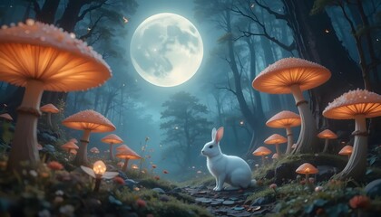 A white rabbit sits in a forest of glowing mushrooms beneath a large bright moon