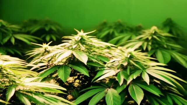 Lush green cultivated hemp plants growing indoors with vibrant light and detailed leaf texture, perfect for background material.