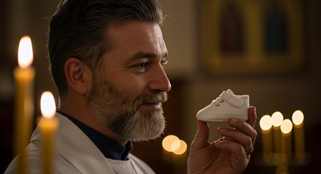 A Priest's Gentle Gaze Upon a Tiny Shoe