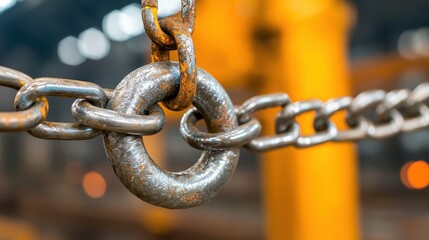 Close Up of Metal Chain Link with Blurred Industrial Background