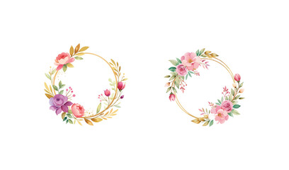 Watercolor Flower Wreaths Featuring Pink and Purple Blooms with Golden Leaves, Set Against White