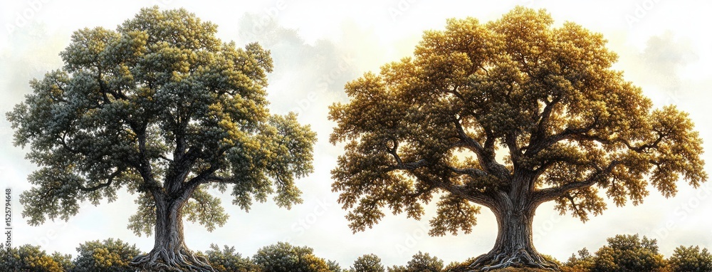 Poster two large trees with dense foliage standing side by side over a hazy sky background, surrounded by b