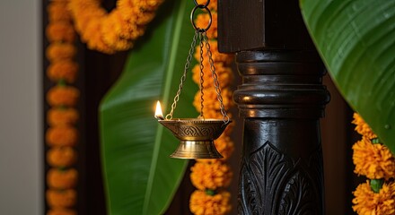 A traditional oil lamp, adorned with marigold garlands and banana leaves, hangs from a dark wooden pillar