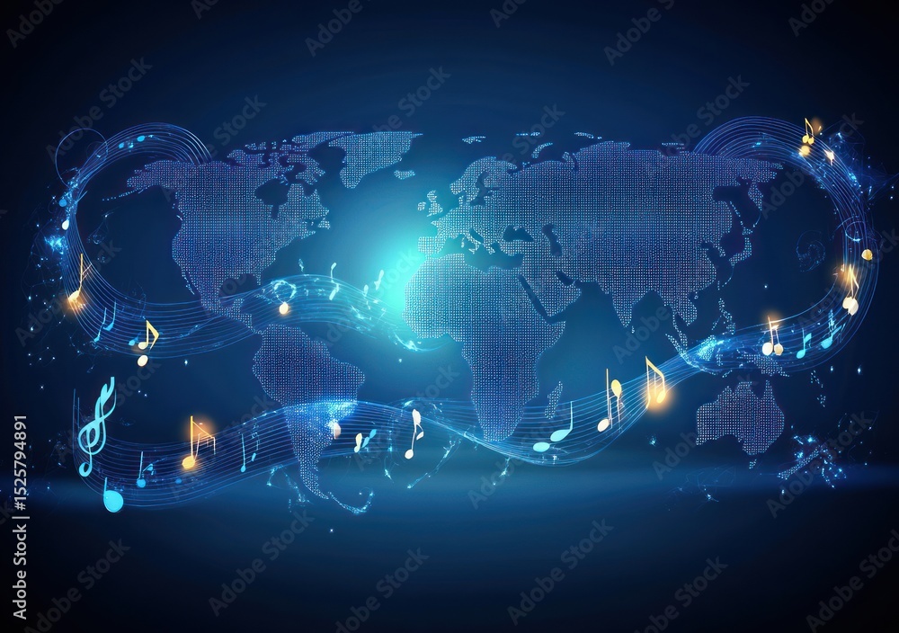Poster digital world map illuminated with glowing light effects and flowing musical notes indicating global