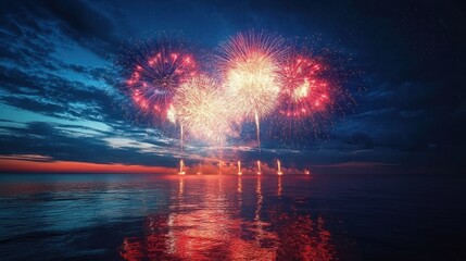 Vibrant red and yellow fireworks bursting above calm ocean water at dusk with colorful reflections and dramatic cloudy sky