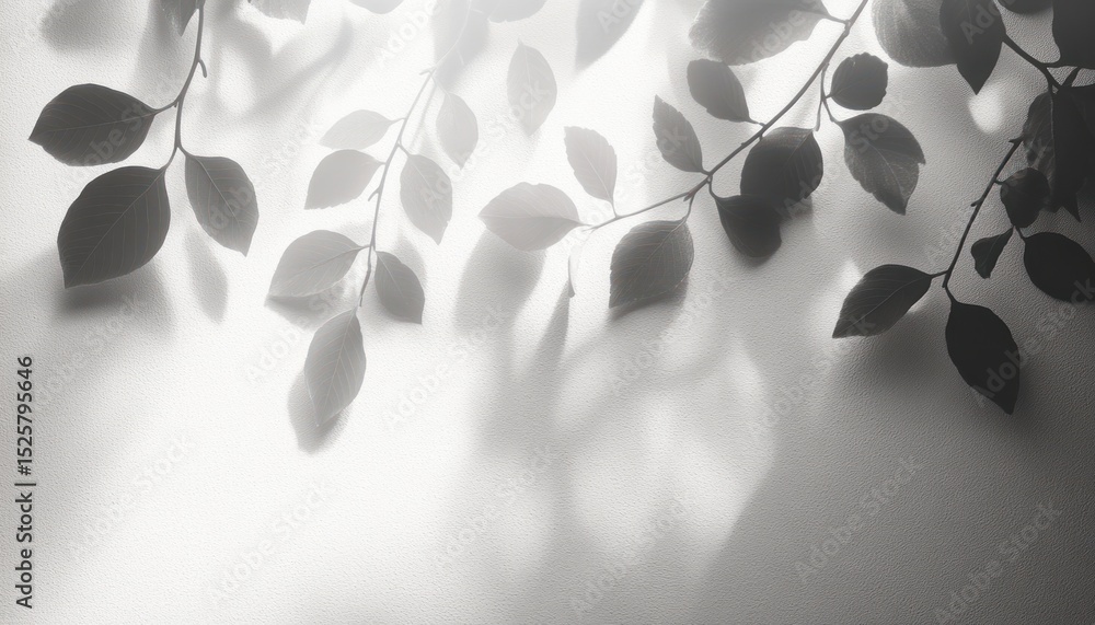 Poster soft shadows of leafy branches cast on a textured white surface creating a calm and serene atmospher
