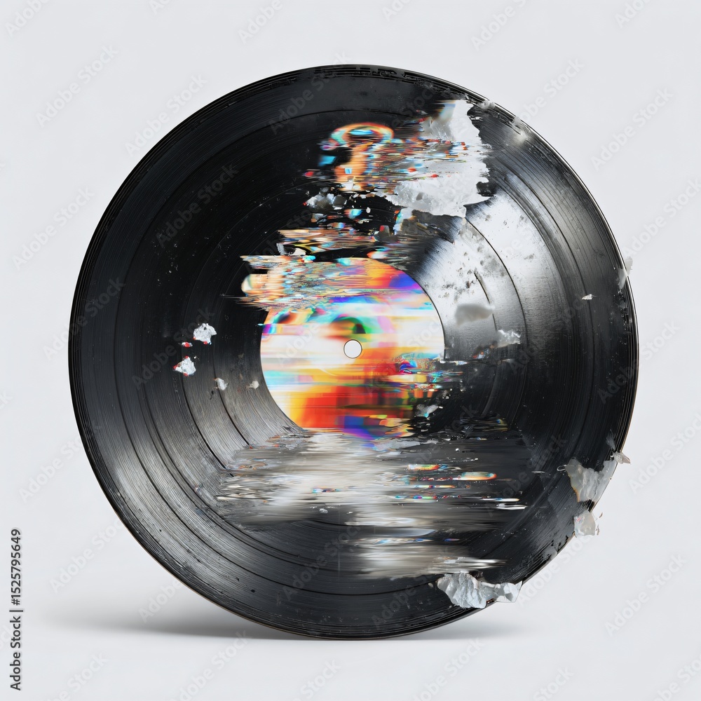 Aufkleber a vinyl record with dynamic glitch art effects that create a visually distorted and vibrant image.