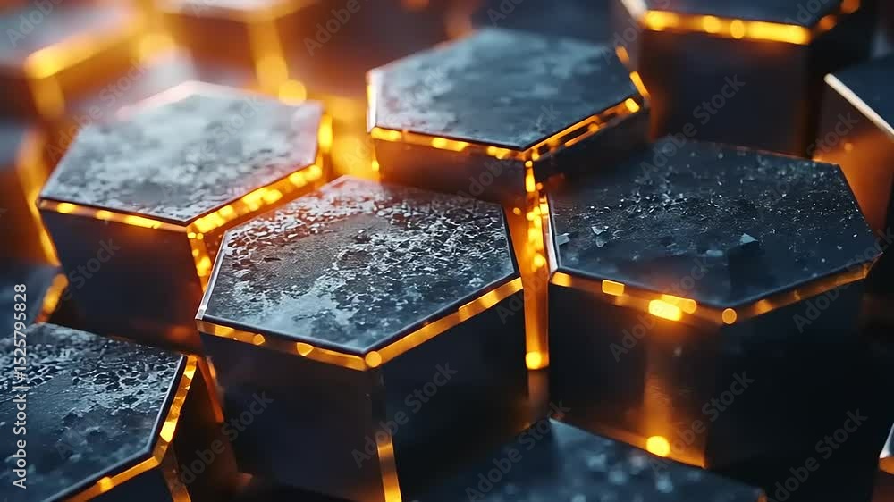 Poster abstract honeycomb background with metallic texture and glowing golden edges animation
