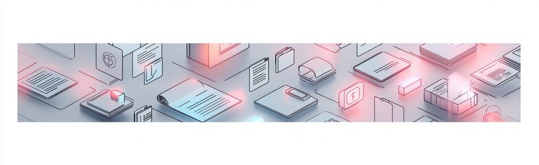 Isometric view of various office documents, folders, notebooks, papers, and digital icons glowing with blue and pink neon highlights