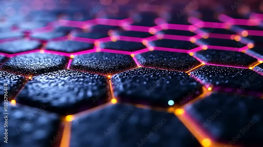 Poster abstract honeycomb grid with glowing edges, technological structure close-up animation