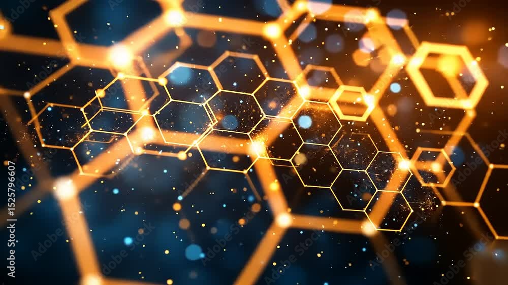 Poster abstract honeycomb pattern background with golden and blue particle effects animation