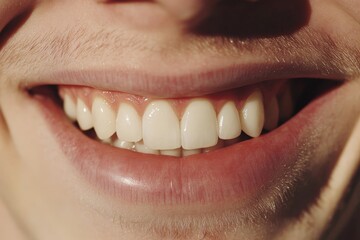 Close-up view of a smiling person's healthy teeth and lips.