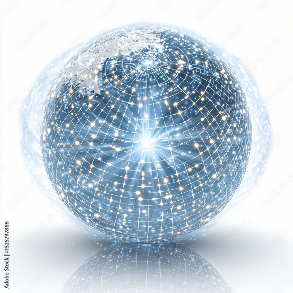 Poster glowing globe displays a digital grid with pulsating lights, evoking technology and innovation.