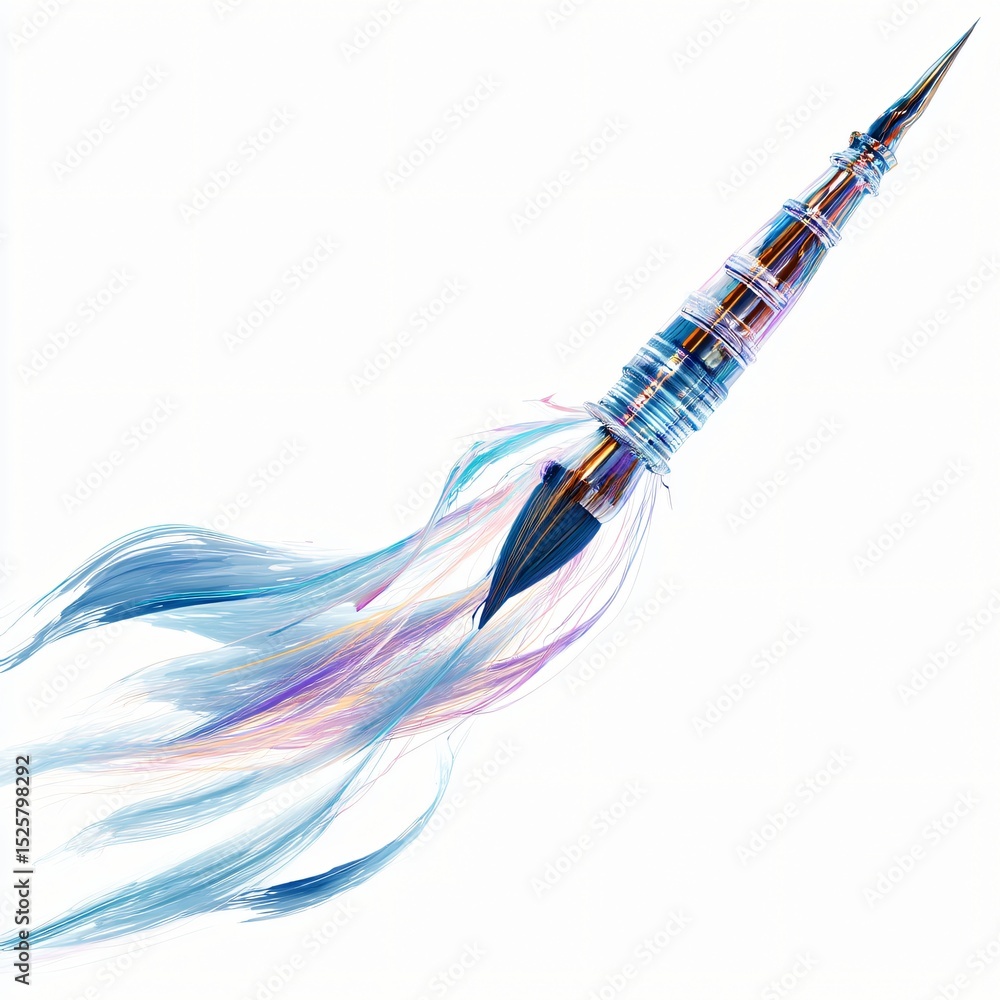 Poster futuristic paintbrush with laser strokes creates colorful ethereal trails in a dynamic studio shot.