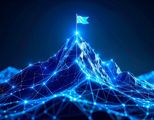 Abstract digital mountain peak with flag