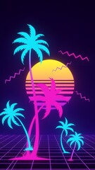 Naklejka premium Neon Synthwave Palm Tree Background Set Retro 80s Aesthetic Futuristic