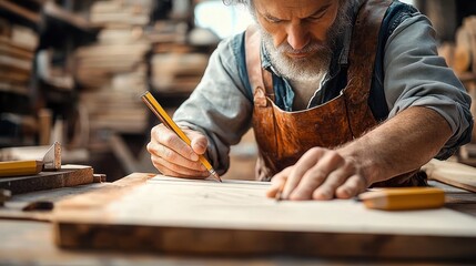Focused older craftsman with a beard drawing precise measurements on wood in a workshop surrounded by woodworking tools and wood pieces