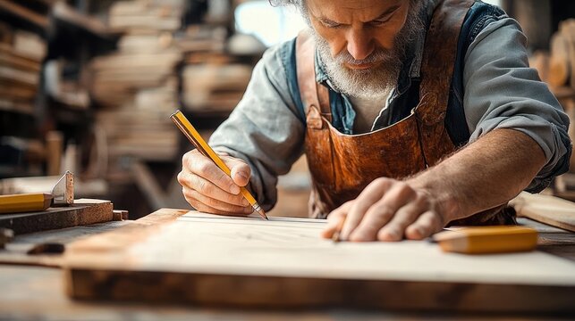 Focused older craftsman with a beard drawing precise measurements on wood in a workshop surrounded by woodworking tools and wood pieces