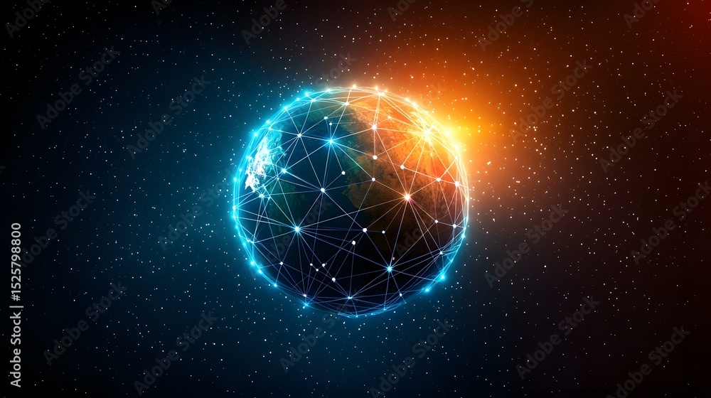 Poster a glowing digital earth model is shown in space, encircled by a network of interconnected nodes, rep