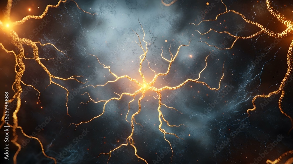 Poster the image shows a stylized depiction of a neuron or neural network, with glowing golden branches rad