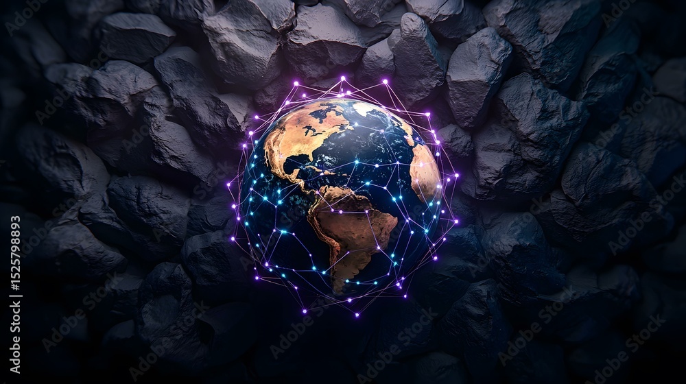 Aufkleber a digital rendering shows a glowing earth encircled by a network of lines and nodes, set against a b