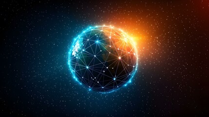 A glowing digital Earth model is shown in space, encircled by a network of interconnected nodes, representing global communication and connectivity.