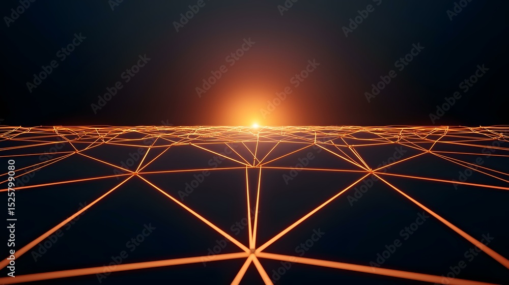 Poster an abstract image depicting a dark, low-polygonal landscape illuminated by a warm, setting sun, crea
