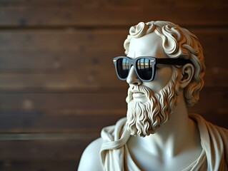Ancient Greek Stoic Statue with vintage sunglasses on wooden Background