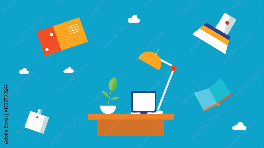 Aufkleber colorful minimalist illustration of a workspace with desktop computer and abstract elements