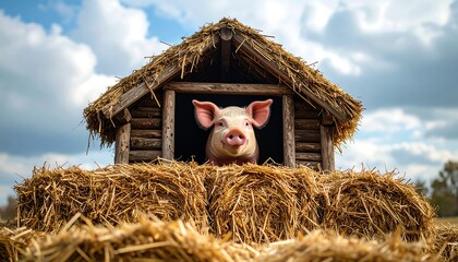 Pig in straw-thatched shed