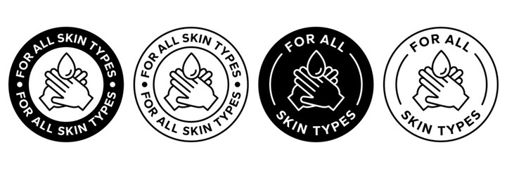 For all skin types label icon set. Face beauty women skin care packaging label for cream, toner, moisturizer, facial mask, lotion, logo, badge, symbol, black, line vector, isolated on white background