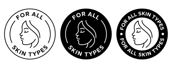 For all skin types label icon set. Face beauty women skin care packaging label for cream, toner, moisturizer, facial mask, lotion, logo, badge, symbol, black, line vector, isolated on white background