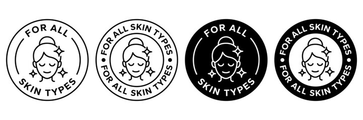 For all skin types label icon set. Face beauty women skin care packaging label for cream, toner, moisturizer, facial mask, lotion, logo, badge, symbol, black, line vector, isolated on white background