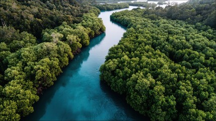 Serene turquoise river meanders through lush green mangrove forest creating a breathtaking aerial view of the pristine natural landscape with diverse ecosystem.