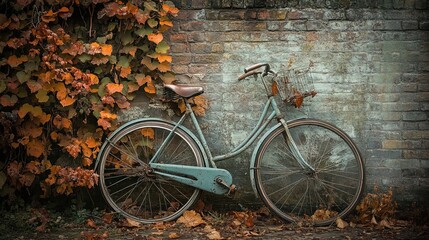 A nostalgic bicycle from the early 1900s leaning against an old brick wall 