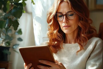 Middle-aged woman with wavy red hair and glasses reading a brown book or tablet in a softly lit room near a green plant and a window with white curtains