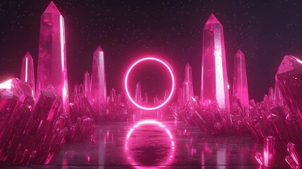 A glowing, pink crystal landscape with a luminous ring - Powered by Adobe