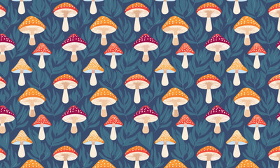 Vibrant folk art mushroom pattern with a decorative leafy background