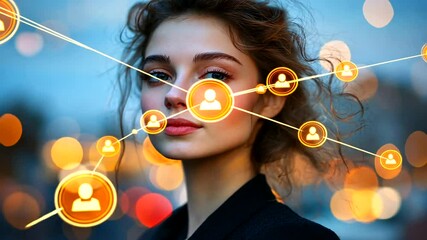 Young Woman with Social Media Connection Symbols - Powered by Adobe