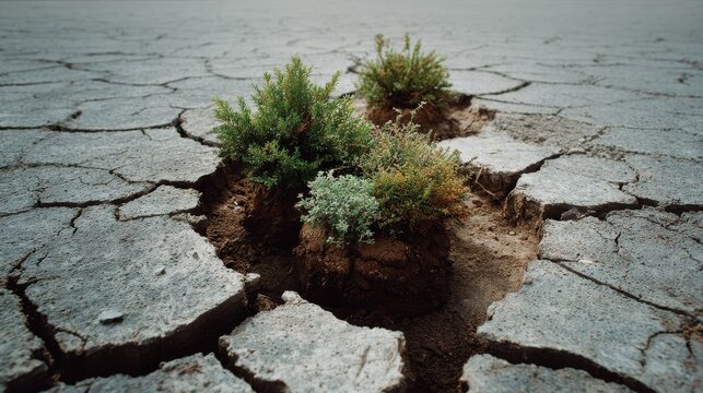 In a parched, cracked earth landscape, vibrant green plants emerge from the soil, symbolizing resilience and adaptation in the face of environmental challenges.