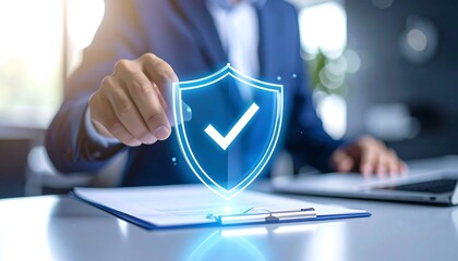 Auditor behind desk approving compliance documents with secure shield check icon