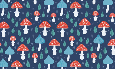 Magical rainy day mushroom seamless pattern with blue and red fungi