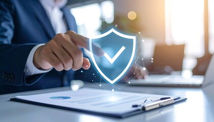 Anonymous compliance officer validating paperwork with shield check emblem