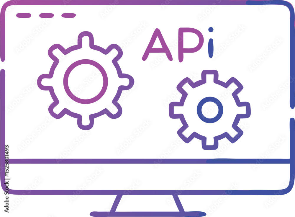Poster api configuration illustration with computer screen and cogwheel icons in neon colors