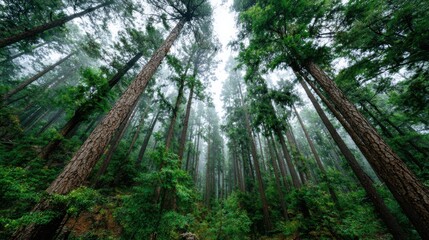 Obraz premium A captivating low angle view captures the towe trees of a dense forest reaching towards the sky, showcasing nature's grandeur and tranquil atmosphere.