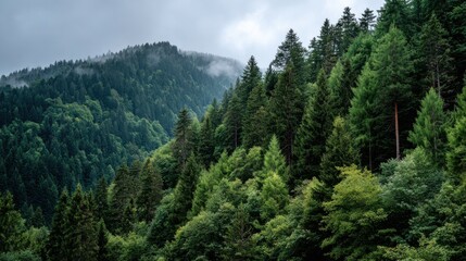 Obraz premium A majestic forest stretches across the landscape, with lush green trees cove the hillsides under a cloudy sky, creating a serene and peaceful natural scene.