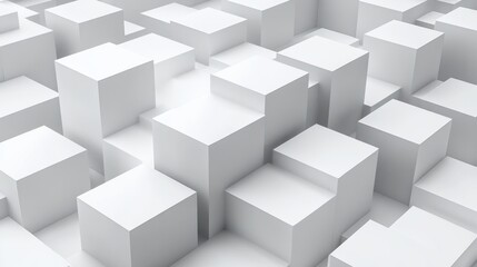 A three-dimensional arrangement of white cubic blocks forming a geometric pattern with varying heights and smooth surfaces, creating a minimalist and futuristic atmosphere