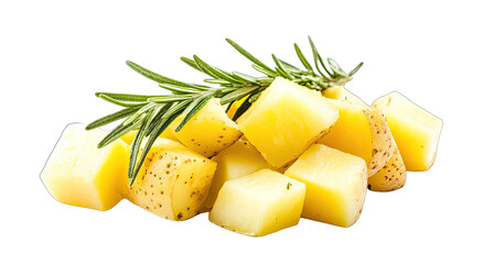 Close-up of cubed, light-yellow potatoes, with sprigs of fresh rosemary