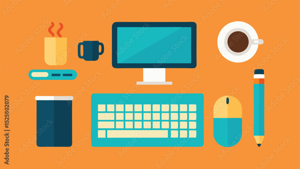 Aufkleber flat design workspace composition of computer keyboard mouse and coffee cup